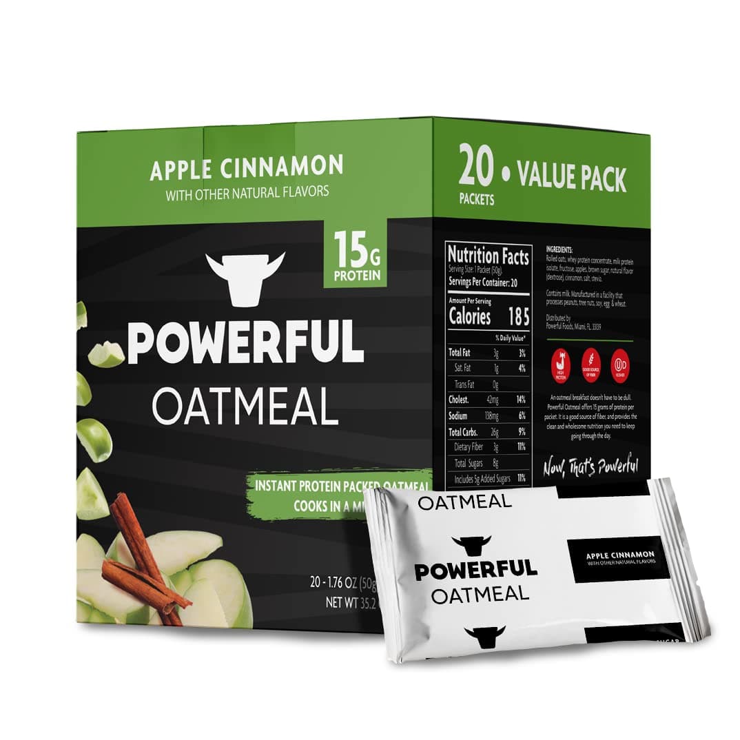 Powerful Nutrition Instant Protein Oatmeal Packets, Apple Cinnamon, 20 Count, 15g of Protein, 3g of Fiber, Kosher, Natural Ingredients, Power Up Your Day with an Instant Breakfast