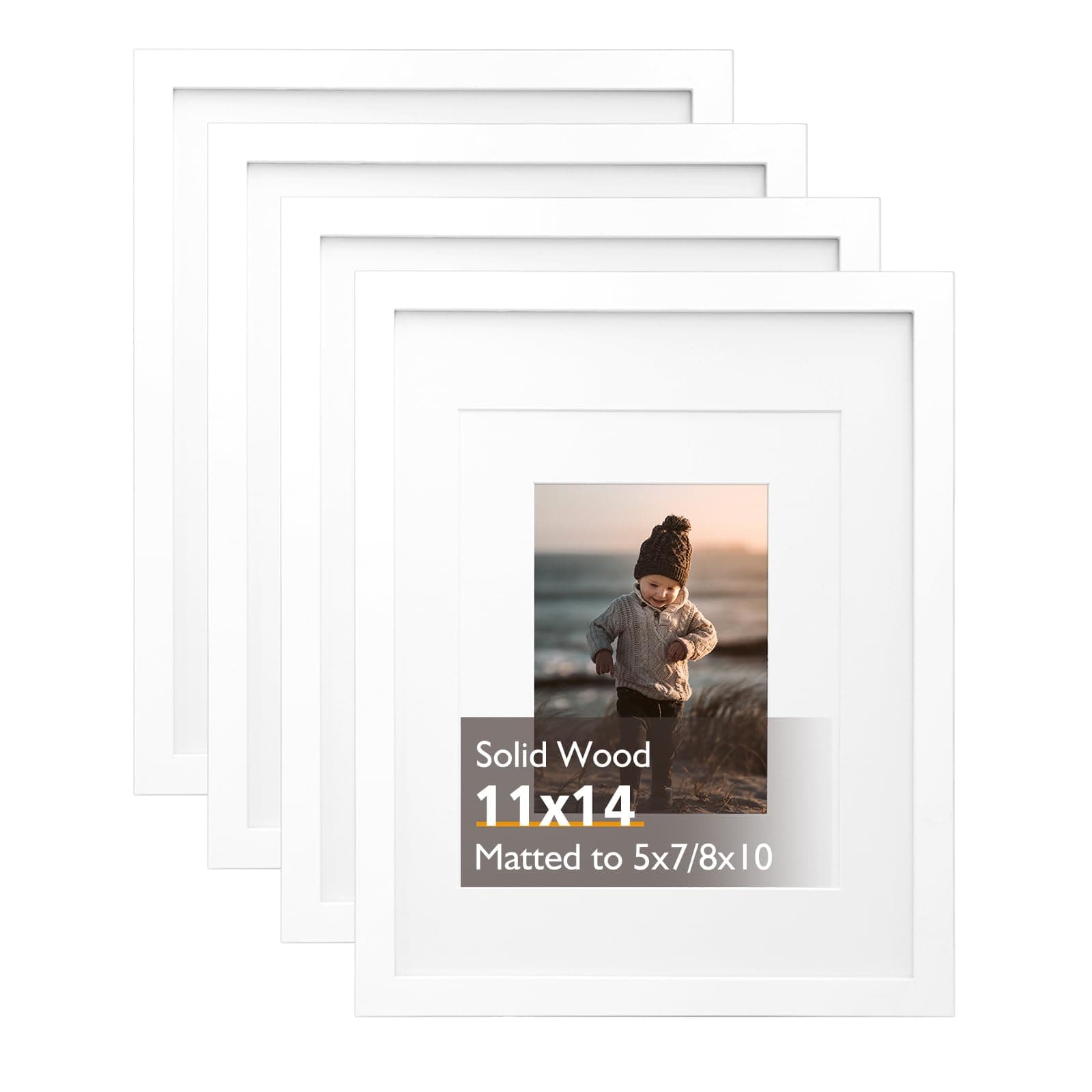 KINLINK 11x14 Picture Frame White, Solid Wood Frames with Acrylic Plexiglass for Pictures 5x7/8x10 with Mat or 11x14 without Mat, Tabletop and Wall Display, Set of 4