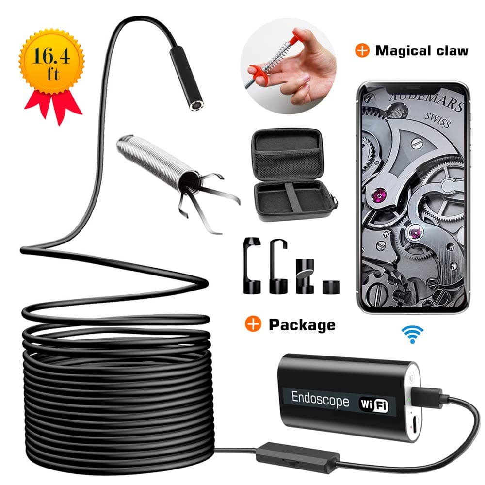 Wireless Endoscope Kit Snake Camera WiFi Borescope Digital Inspection Camera Waterproof 720P 2MP for Android iPhone/iPad/Samsung/Tablet (16.4 FT) 5M - Grabber Pick-up Tool 4 Finger Claw Included