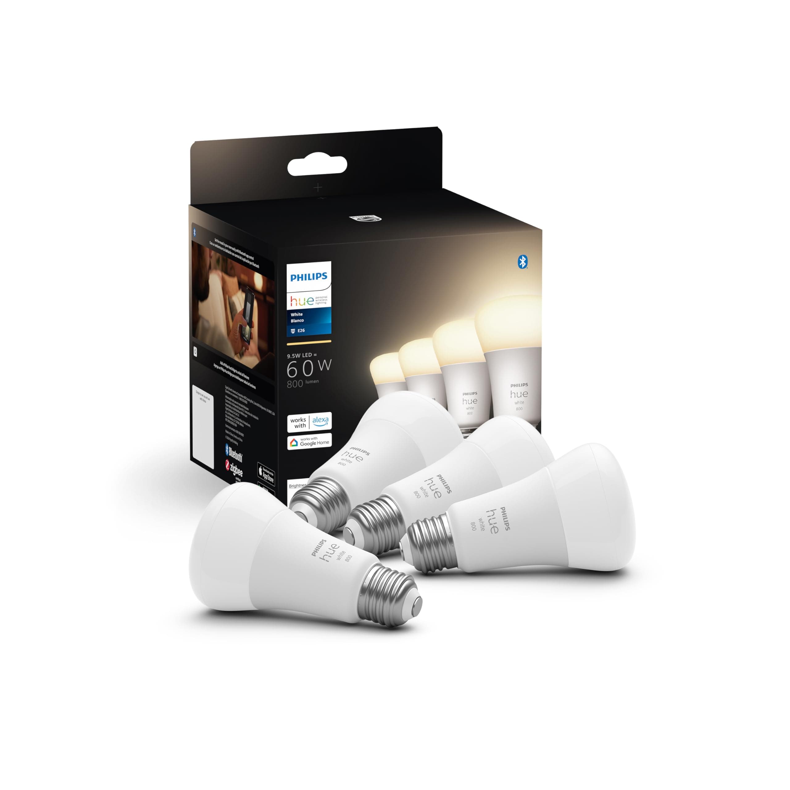 Philips Hue Smart 60W A19 LED Bulb - Soft Warm White Light - 4 Pack - 800LM - E26 - Indoor - Control with Hue App - Works with Alexa, Google Assistant and Apple Homekit