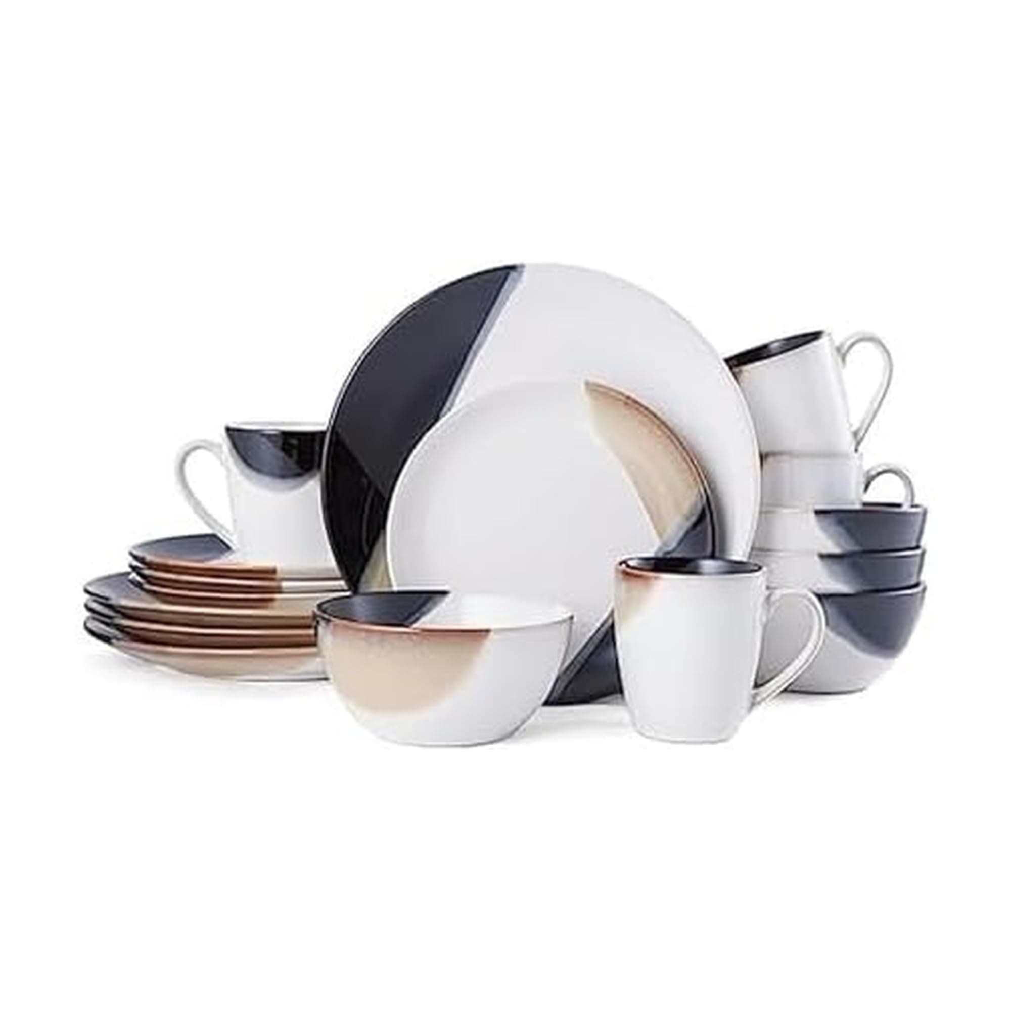 Mikasa Gourmet Basics Caden 16-Piece Stoneware Dinnerware Set, Service for 4, White Glossy Center with Black and Tan Two-Tone Reactive Glaze, Dishwasher and Microwave Safe