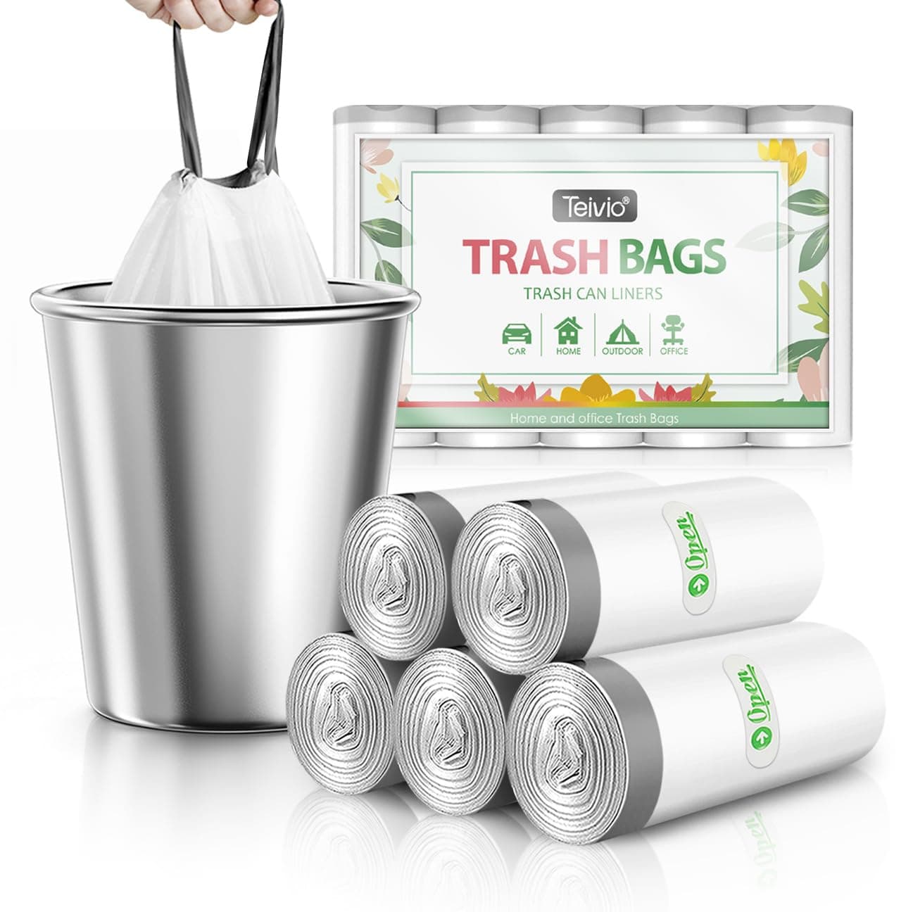 Teivio 1.8 Gallon 100pcs Strong Drawstring Trash Bags Garbage Bags, Bathroom Trash Can Bin Liners, Small Plastic Bags for Home Office Kitchen, White…