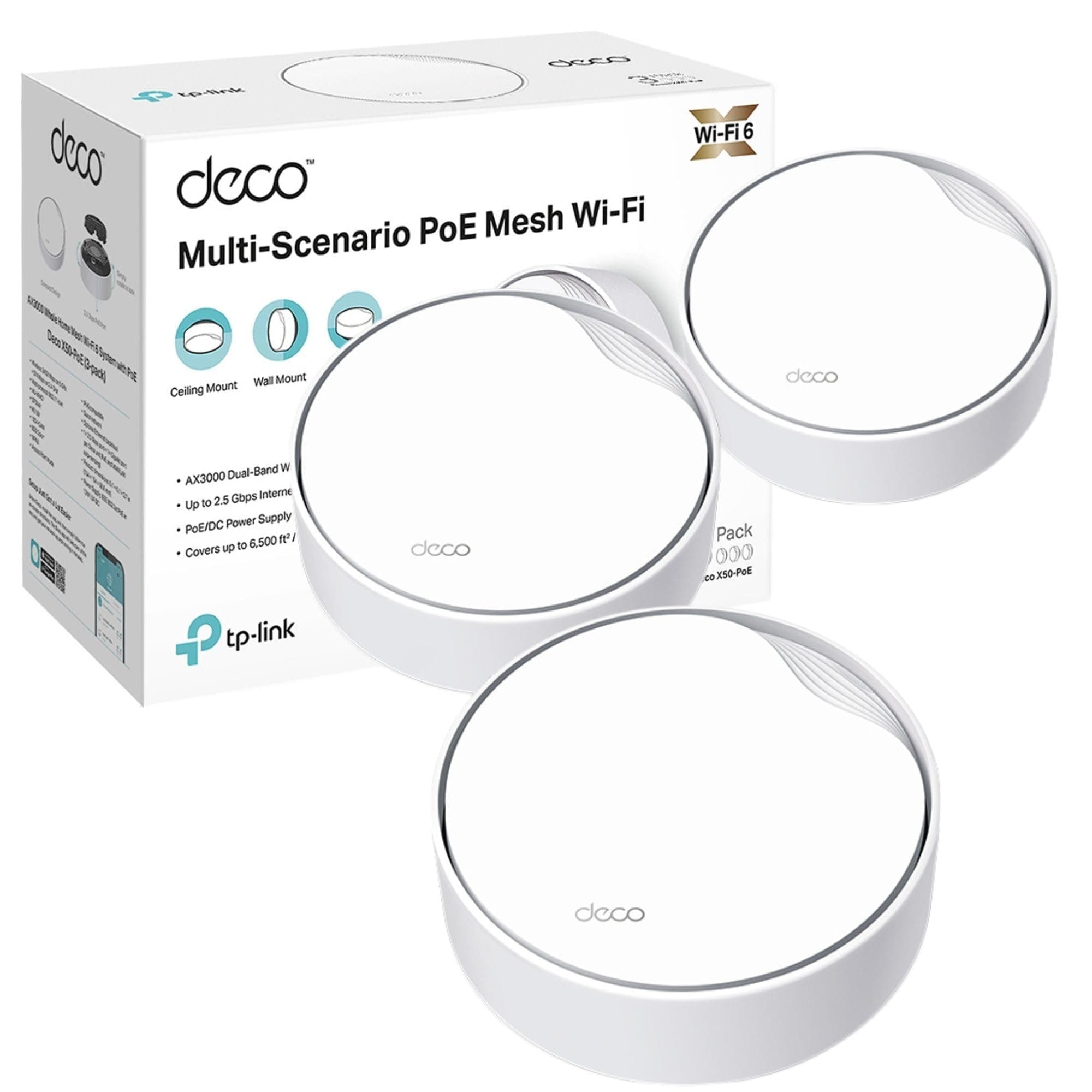 Deco X50-PoE(3-pack) AX3000Mbps Mesh WiFi 6 System with PoE, 2.5 GbE Port, AI-Driven WiFi Booster Router covers up to 600m2, Connect up to 150 devices, 1.0 GHz Dual-Core CPU, HomeShield