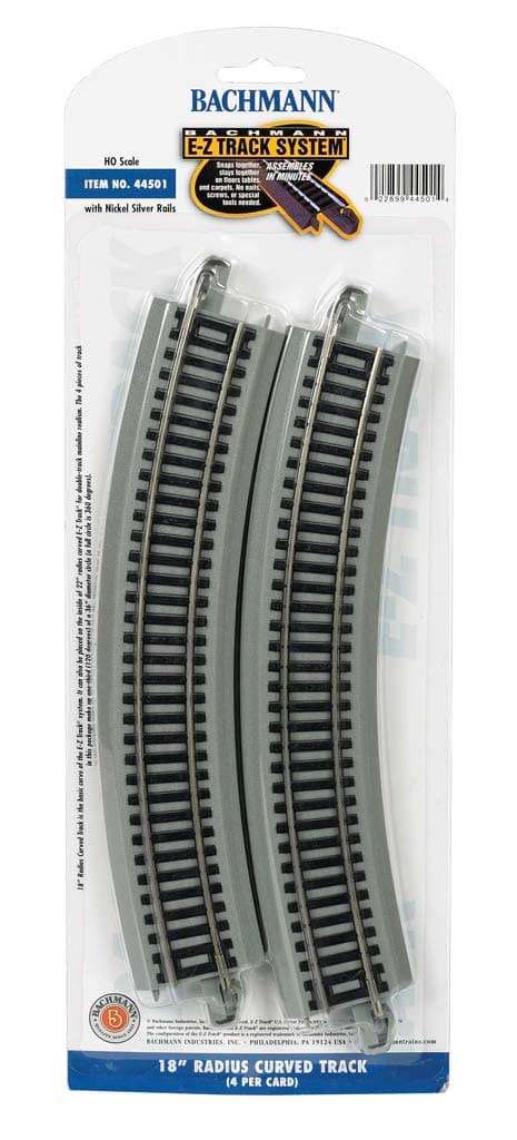 Trains - Snap-Fit E-Z TRACK 18” RADIUS CURVED TRACK (4/card) - NICKEL SILVER Rail With Gray Roadbed - HO Scale , Grey