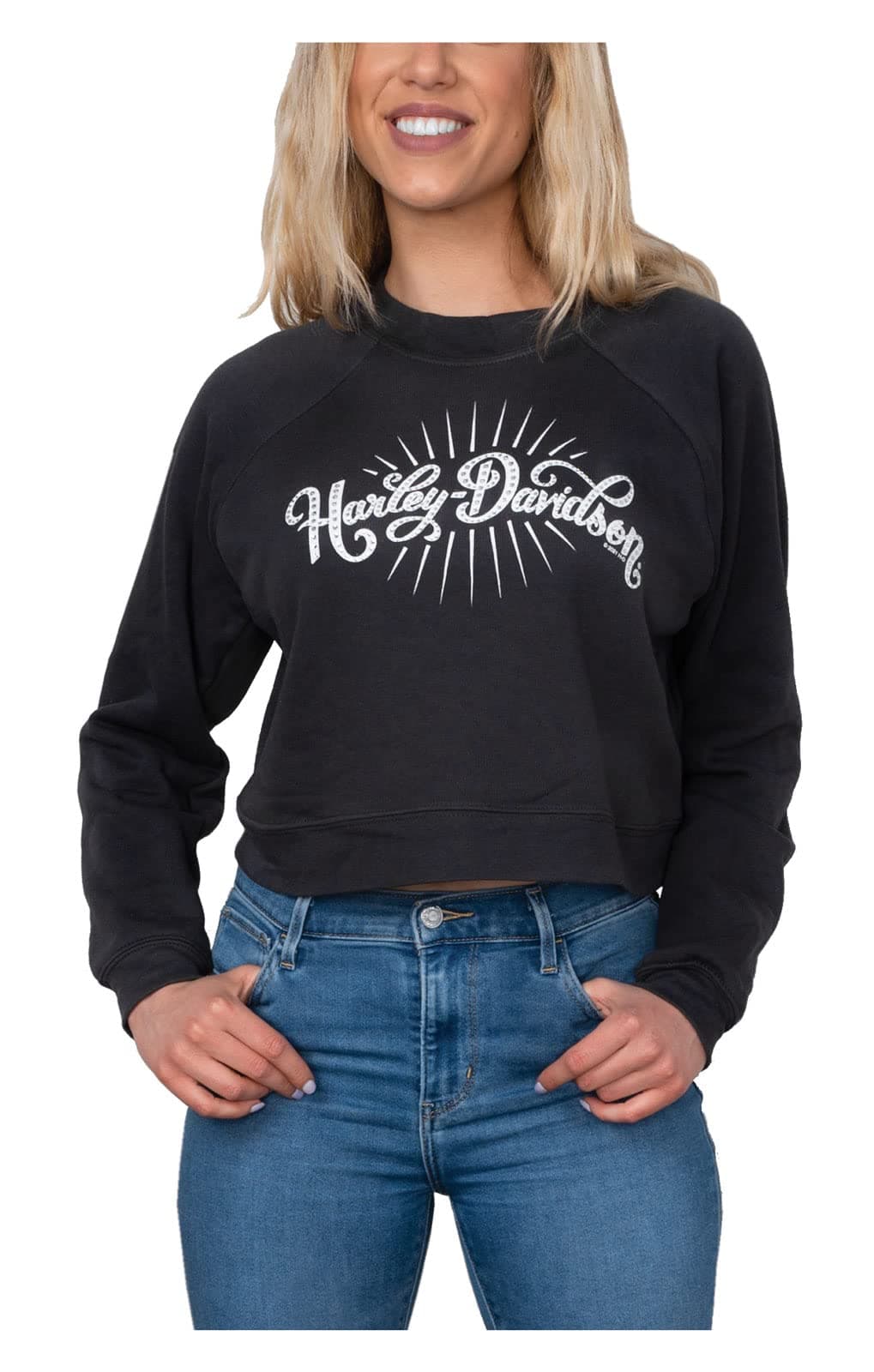 Harley-Davidson Women's Embellished Sun Rays Cropped Fleece Pullover - Black