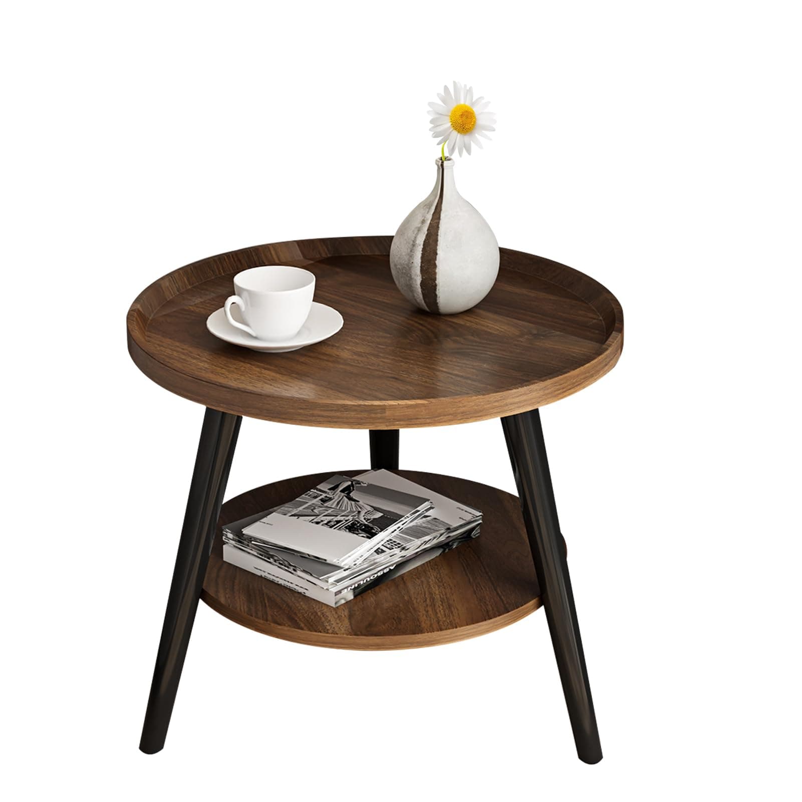 2-Tier Round End Table, Modern Simple Double-Layer Coffee Table, Corner Table in Balcony, Sofa Side Table Suitable for Living Room, Bedroom,Small Spaces, Easy Assembly(50*50*48cm) (A-Walnut)