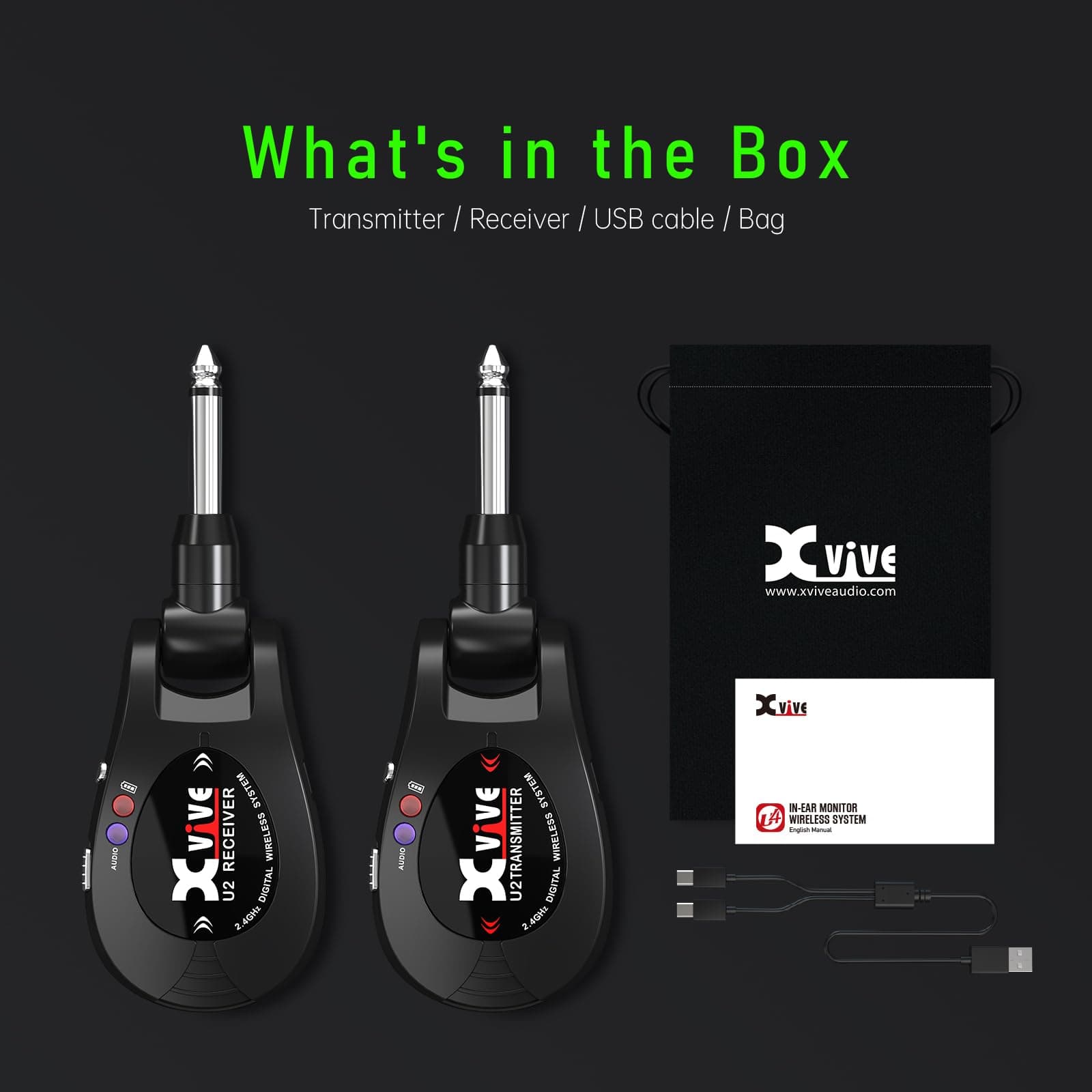 Xvive U2 Wireless Digital Transmitter/Receiver System for Guitar, Bass and Other Instruments, Rechargeable, 2.4 GHz Black