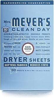 MRS. MEYER'S CLEAN DAY Dryer Sheets, Fabric Softener, Reduces Static, Infused with Essential Oils, Rain Water Scent, 80 Count