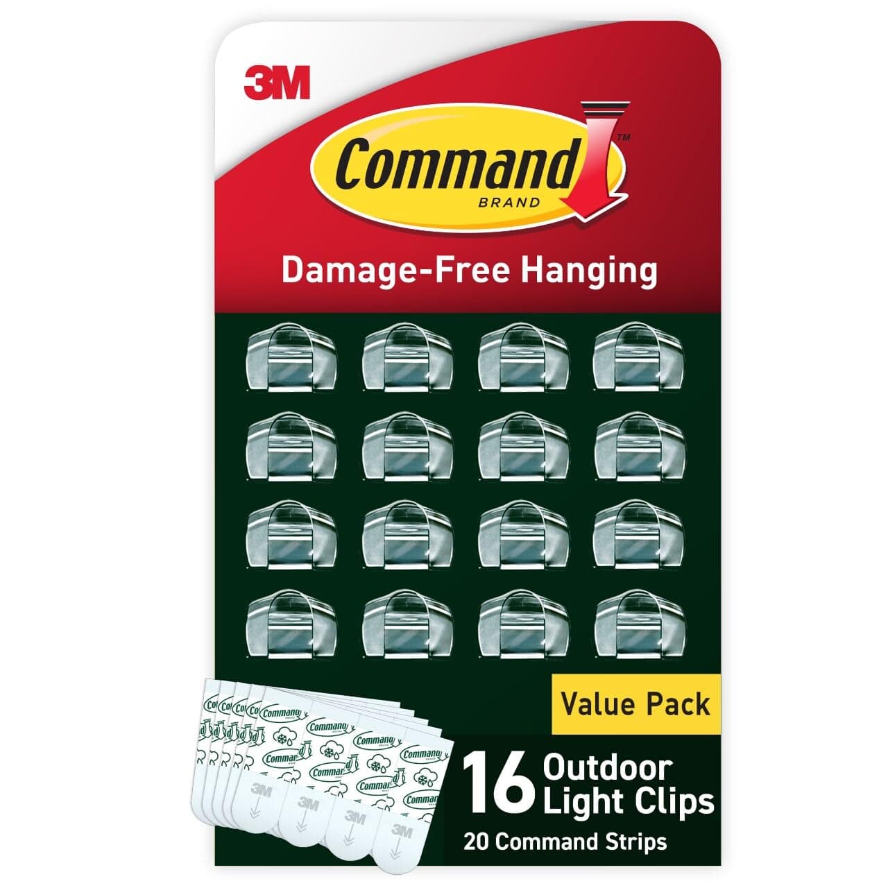 Command Outdoor Light Clips, Damage Free Hanging Outdoor Light Clips with Adhesive Strips, No Tools Wall Clips for Hanging Outdoor Lights and Cables, 16 Clear Clips and 20 Command Strips (Pack of 4)