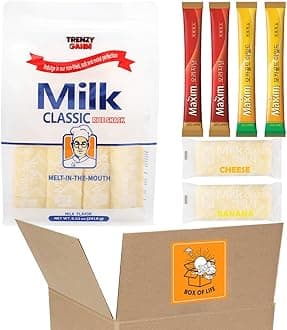 [BOX OF LIFE] Korean Snack Box – Milk Classic Rice Snacks 240g (8.47 oz) / 0.35 oz x 24 Packs + Instant Coffee Sticks (2 of Each Flavor - Maxim Original, Maxim Mocha Gold) | Bonus Cheese & Banana Flavored Crackers Inside