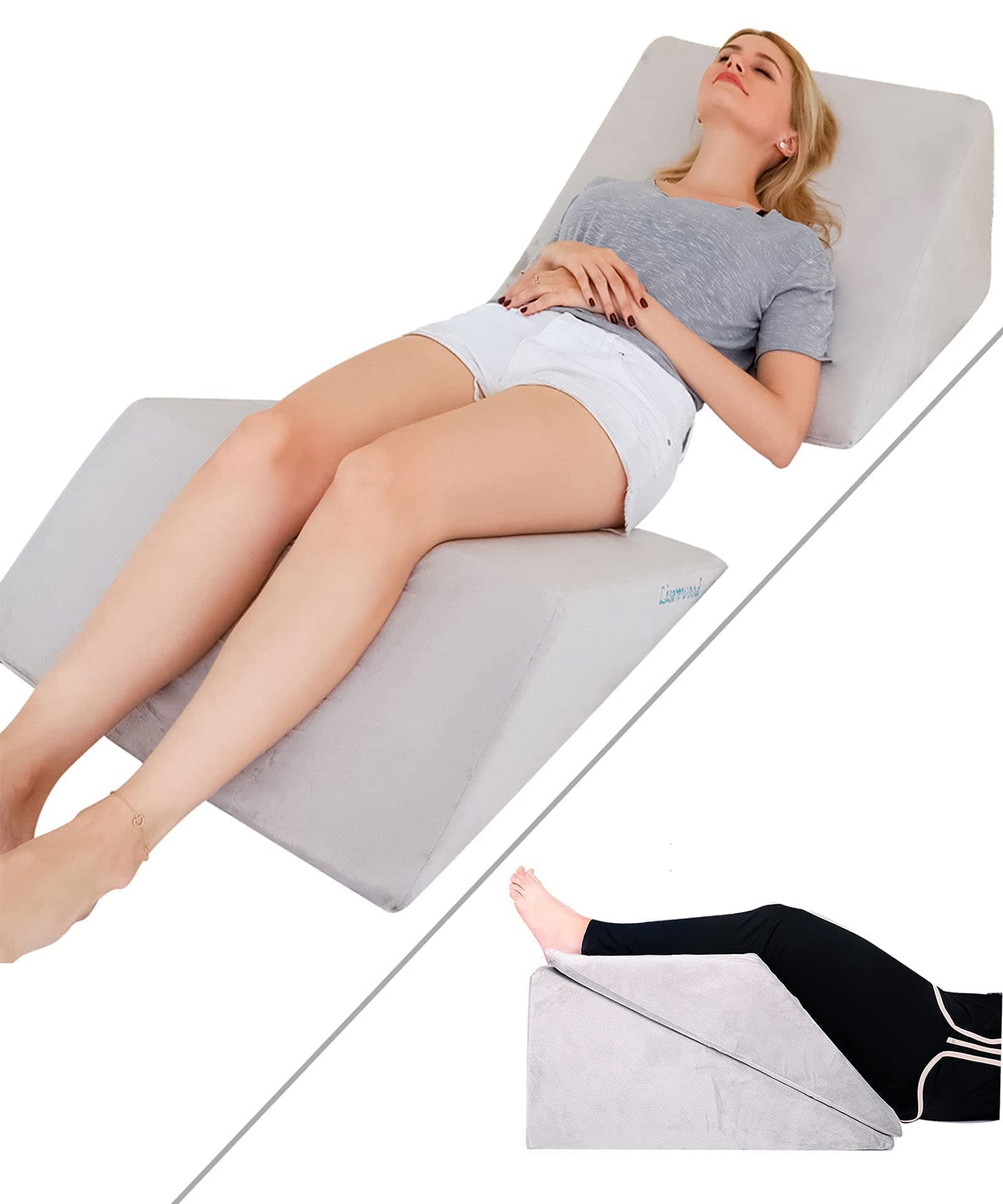 Foam Bed Wedge Pillow Set - Reading Pillow & Back Support Wedge Pillow for Sleeping - 2 Separated Sit Up Pillows - Angled Bed Pillow, Triangle Pillow for Back and Legs Support Gray