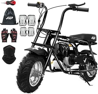 FRP MB40 4-Stroke Mini Bike, 40CC Kids Mini Dirt Bike, No Oil Mixing Needed, Easy to Assemble, Includes Gloves, Neck Gaiter and Protective Gear, 18 MPH Max Speed, Supports Up to 165 LBS (Black)