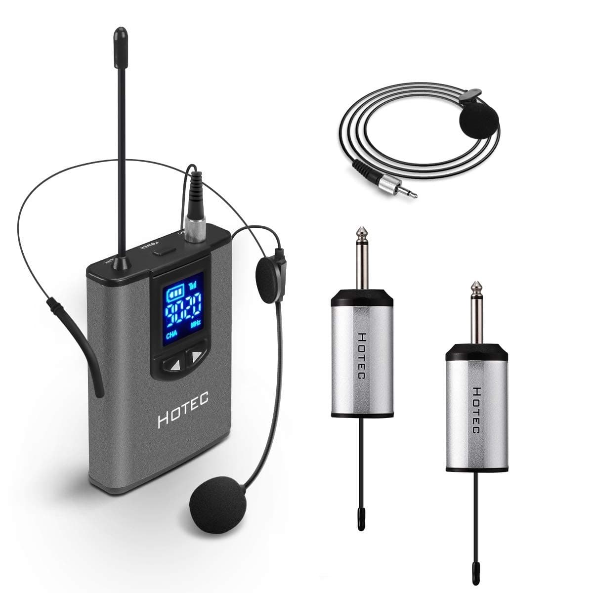 HOTEC UHF Wireless Headset Microphone/Lavalier Lapel Mic with Bodypack Transmitter and Two Mini Rechargeable Receivers 1/4" Output, for Live Performances, Support Phone