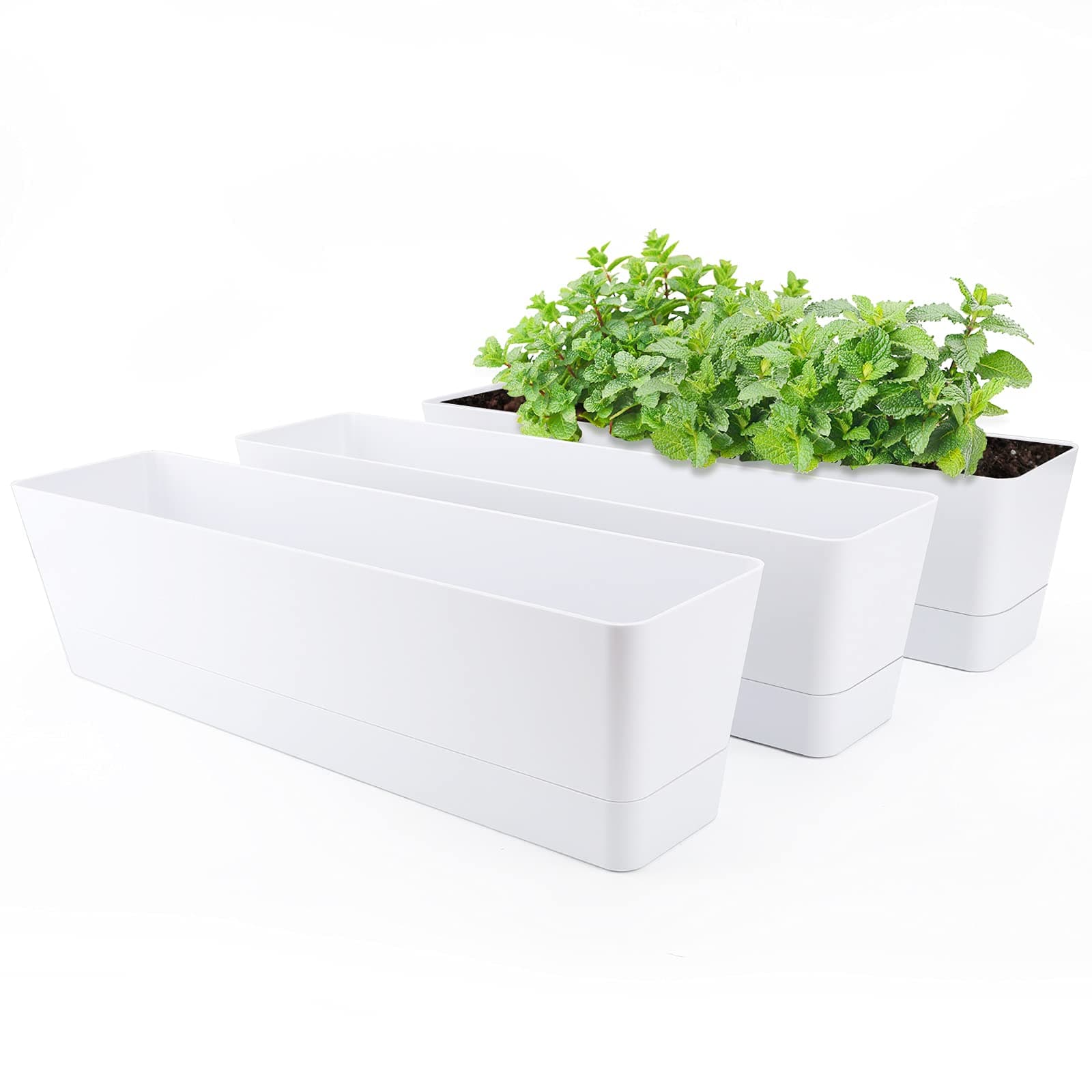GREANER Window Boxes Planters, 3PCS 16x3.8 Inch Large Herb Planters with Tray, Indoor Succulent Cactus Flowers Vegetable Plastic Rectangle Pot for Balcony, Office, Garden, Outdoor, Windowsill (White)