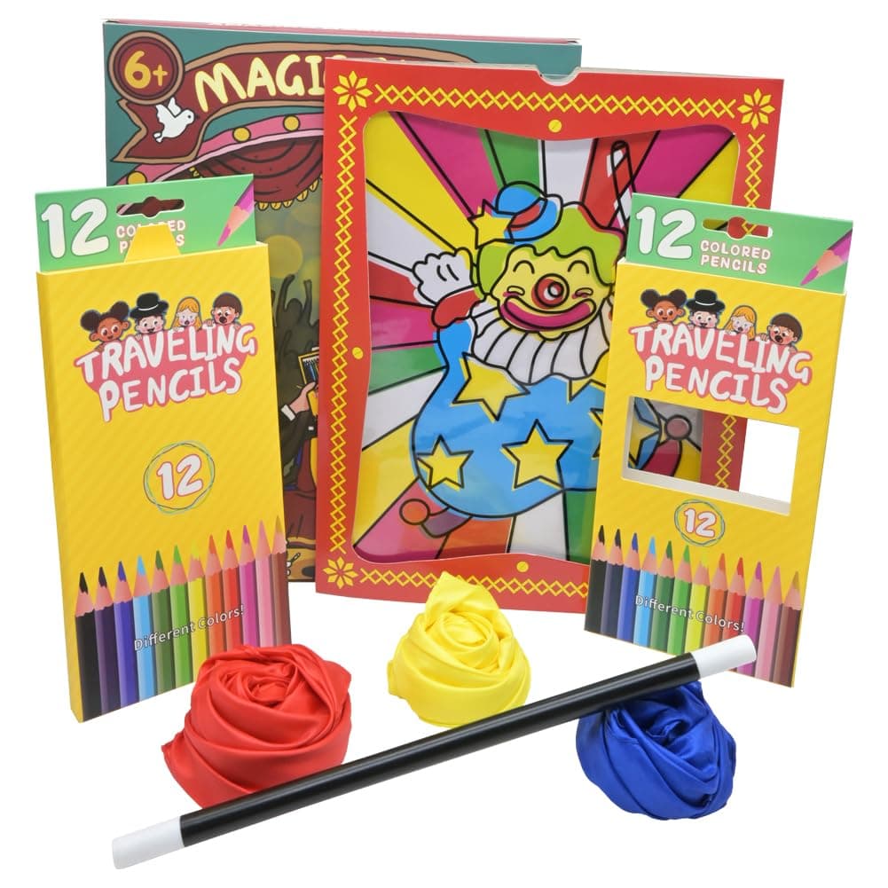 Stage Magic Set with Magic Wand, Magical Scarves, Magic Clown, Traveling Magic Color Pencils and Tutorial Videos Vanish Magic Props for Kids, Beginners and Adult