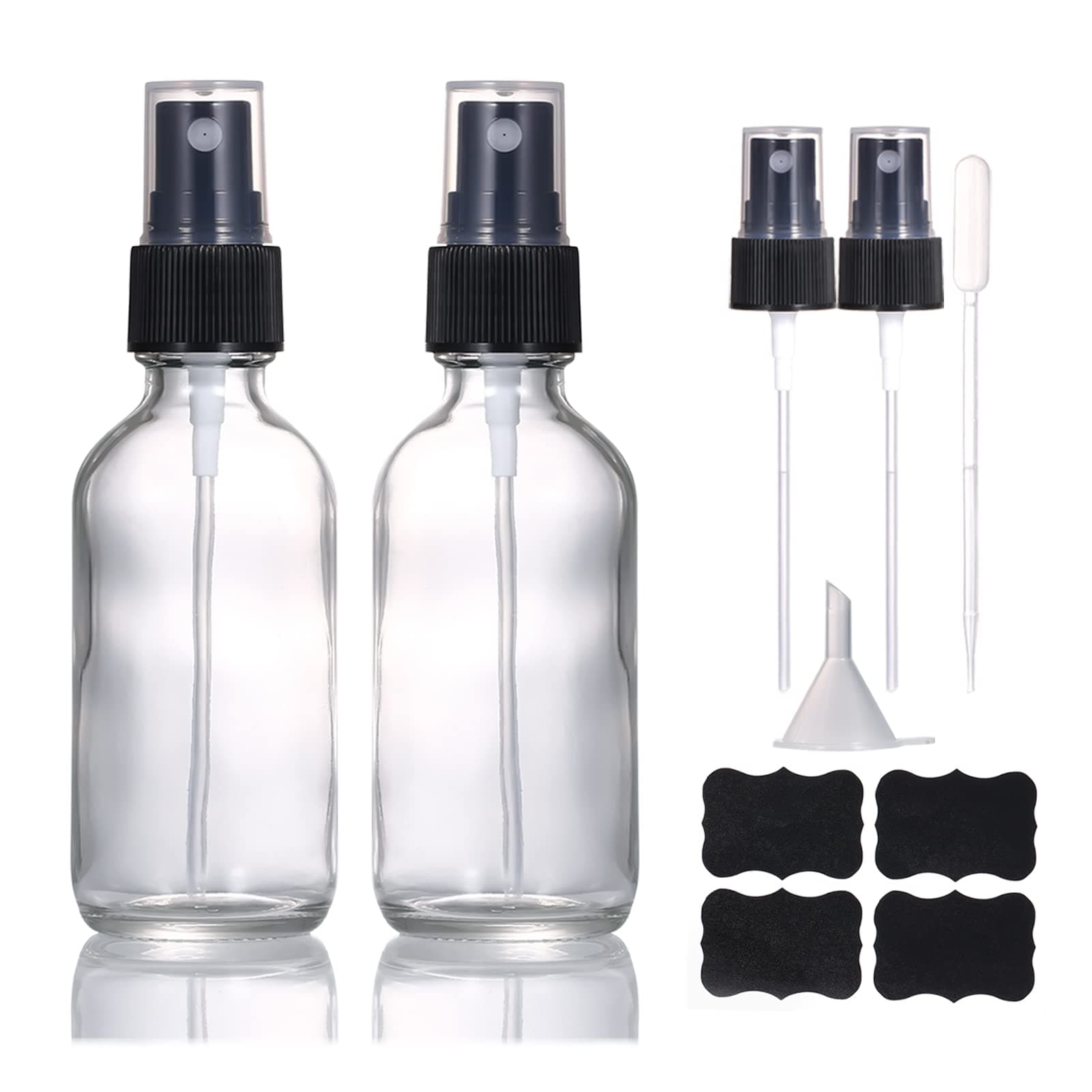 60ml Clear Glass Spray Bottles,Small Empty Fine Mist Perfume Refillable Reusable Travel Spray Bottle for Essential Oils/Hair/Aromatherapy/Cleaning/Cosmetic with Extra Spray Nozzle(2 Pack)