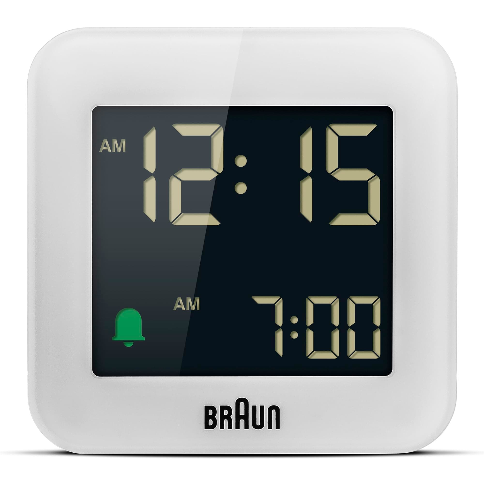 Braun Digital Travel Alarm Clock with Snooze, Compact Size, Negative LCD Display, Quick Set,Crescendo Beep Alarm in White, model BC08W.