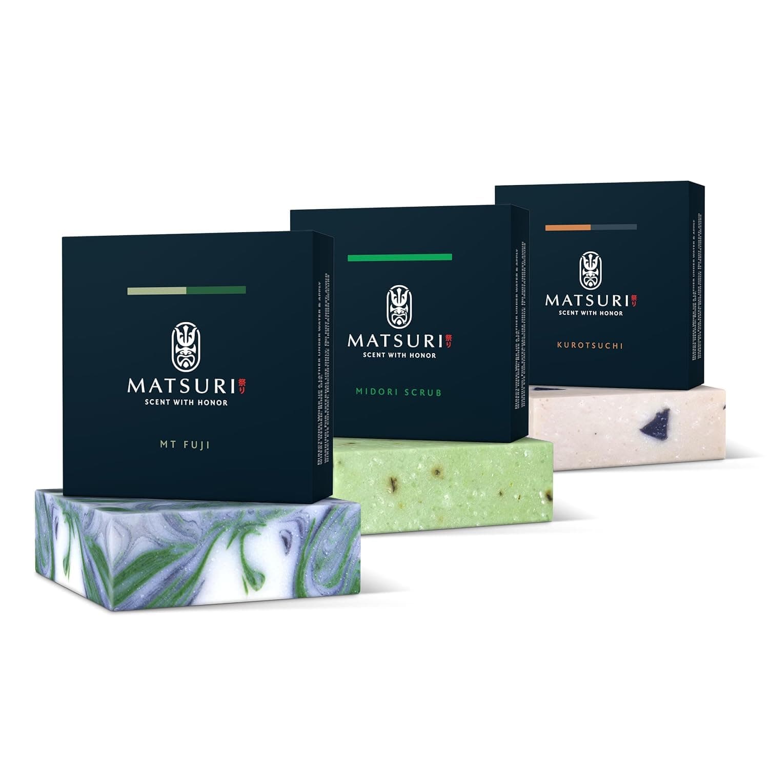 Matsuri Soap Bar | 5 oz | 3 Pack | Cold Process & Natural Ingredients | Moisturizing & Exfoliating | No Harmful Additives | (Mt Fuji/Midor Scrub/Kurotsuchi)