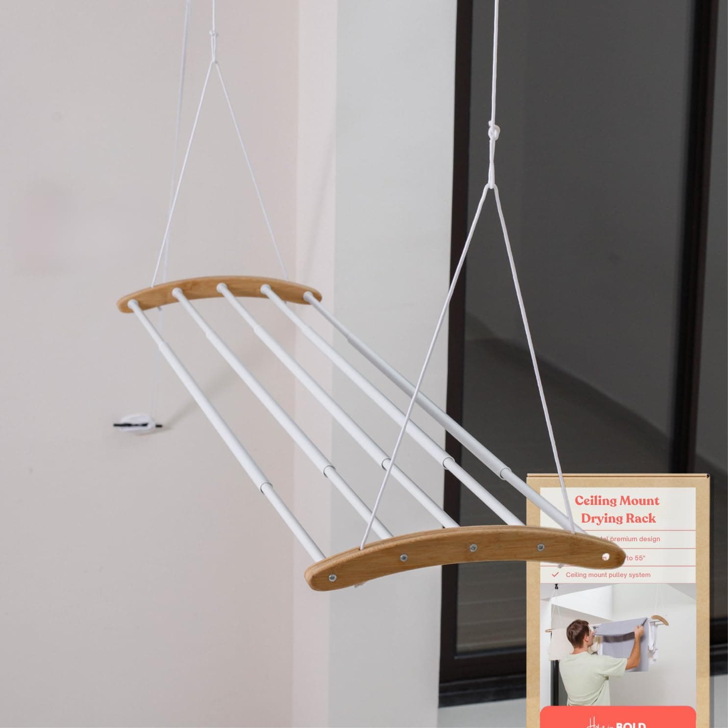 Home in Bold Ceiling Mounted Drying Rack - Bamboo, Iron - Clothes Drying Rack - Pulley System - Space-Saving - Indoor/Outdoor Use