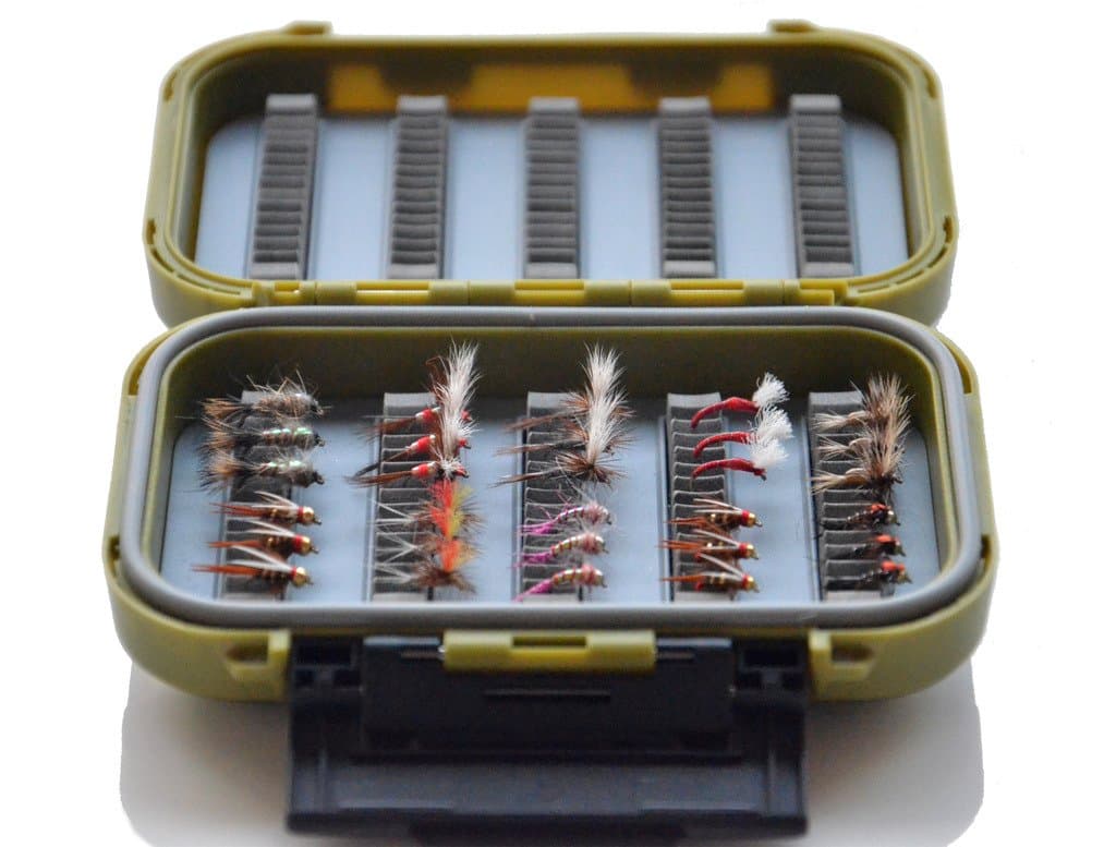 Double Side Waterproof Slit Foam Fly Box + Prospecting Nymphs Fly Fishing Trout Prospecting Fly, Classic Small Attractors Dry Fly Collection Pack of 30 Flies Lure (#14 - #18)
