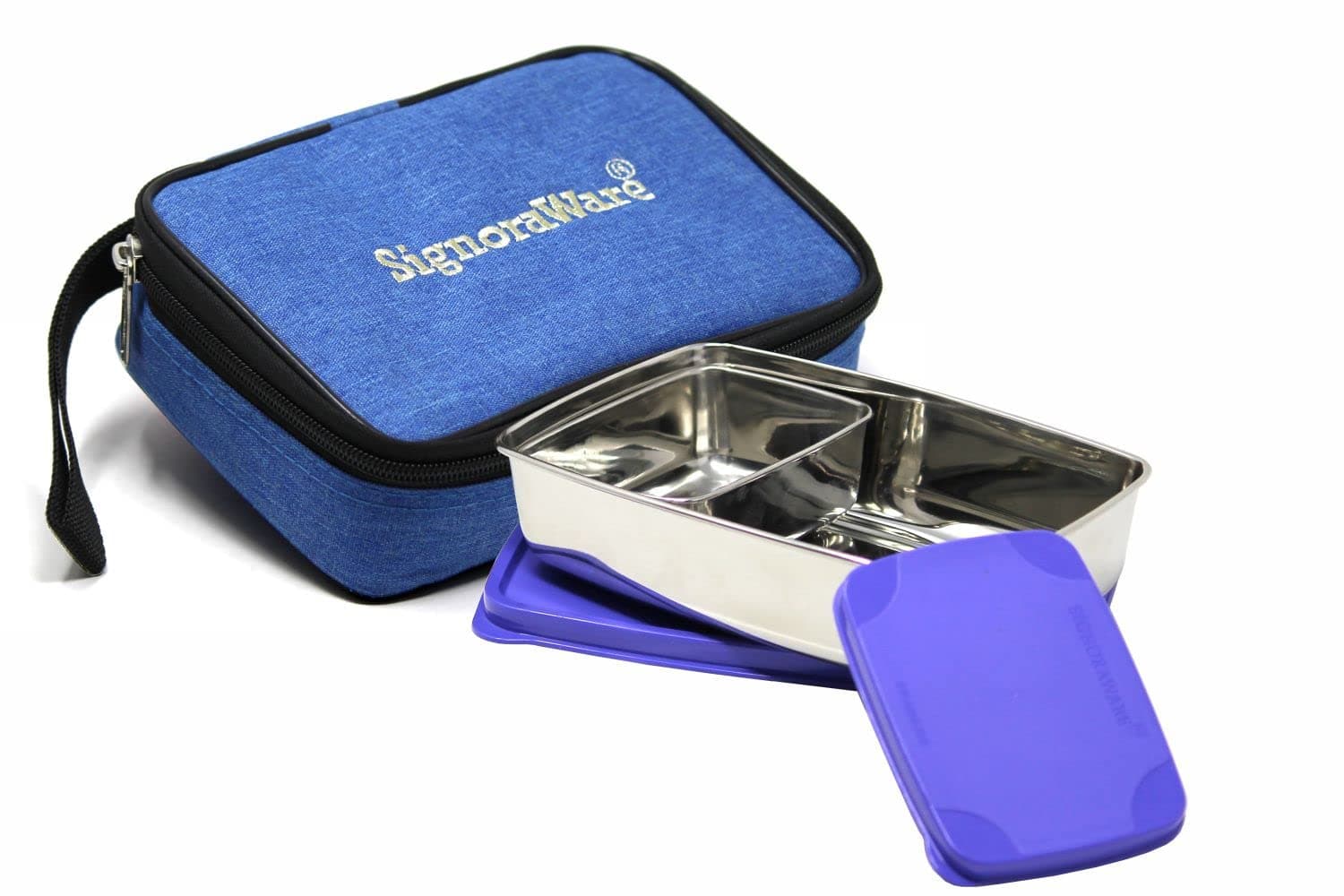 Compact Small Stainless Steel Lunch Box with Bag | Two Compartment Tiffin | Airtight Lid | Leak Proof | Useful for School & Picnics | for Office & School Use (150Ml + 550Ml | Violet)