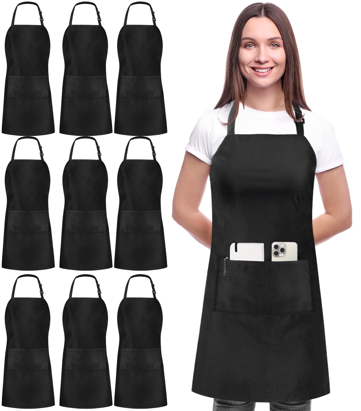 Utopia Kitchen 10 Pack Bib Apron Adjustable with 2 Pockets, Water and Oil Resistant, Cooking Kitchen Chef Apron for Women Men, Black, 10 Pack