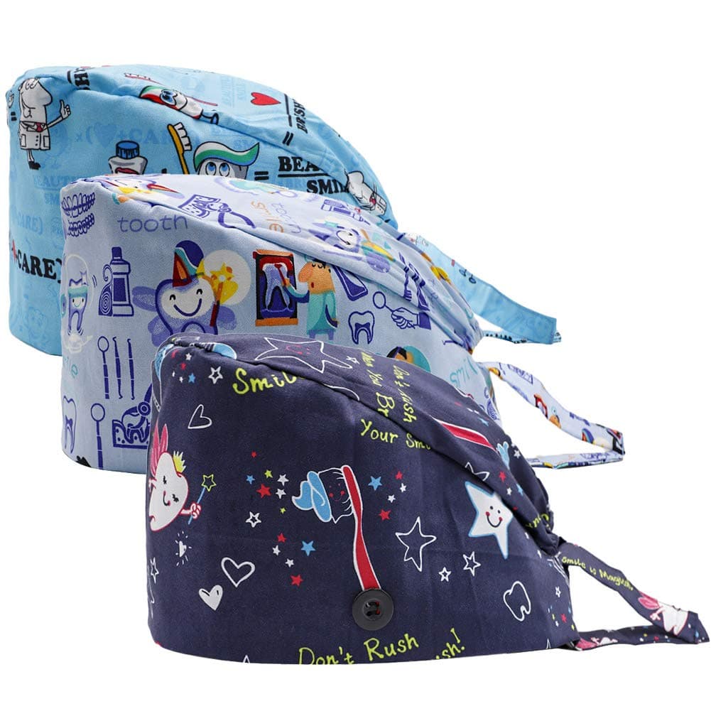3PCS Cute Teeth Working Cap with Button, Women Men Breathable Lace Up Sweatband Work Hat Hair Cover