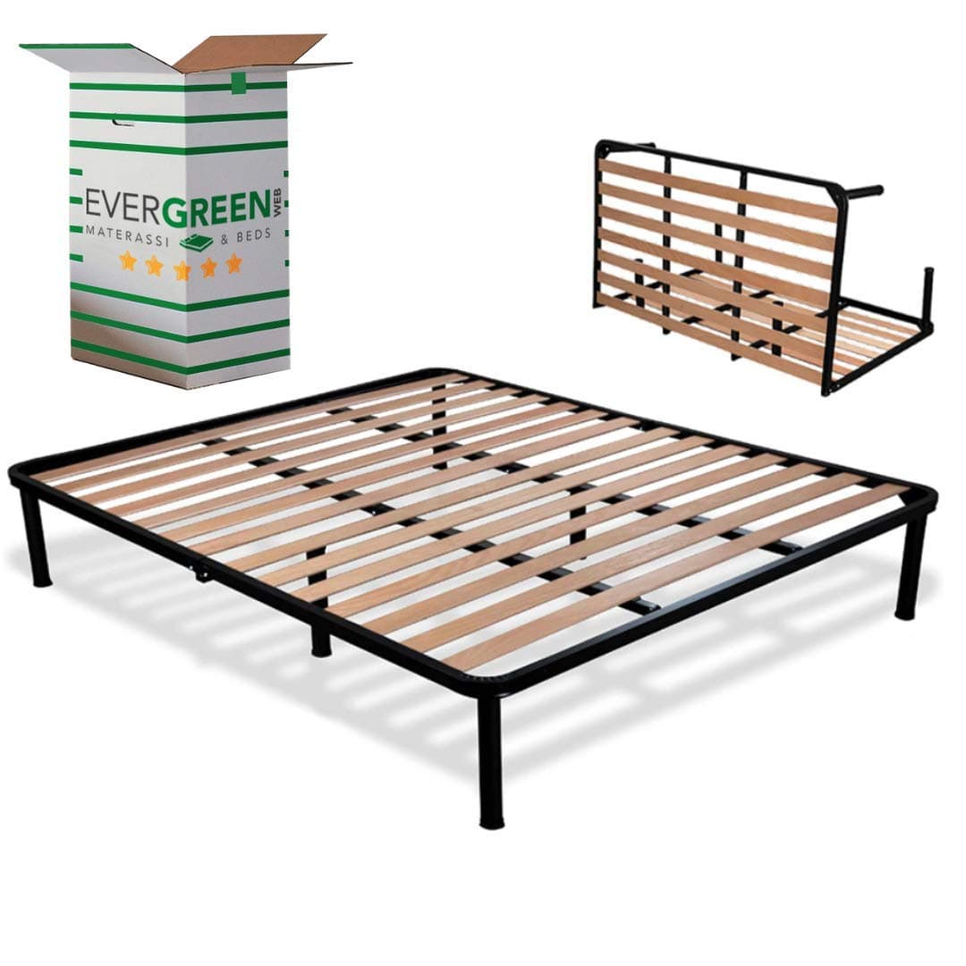 EVERGREENWEB – Folding Double Bed Frame 140x200-35 cm High with strong Iron Frame and Beech Wood Slats, Orthopedic Bed Base FULLY ASSEMBLED + 6 Legs for all Mattresses & Pillows, 100% ITALIAN