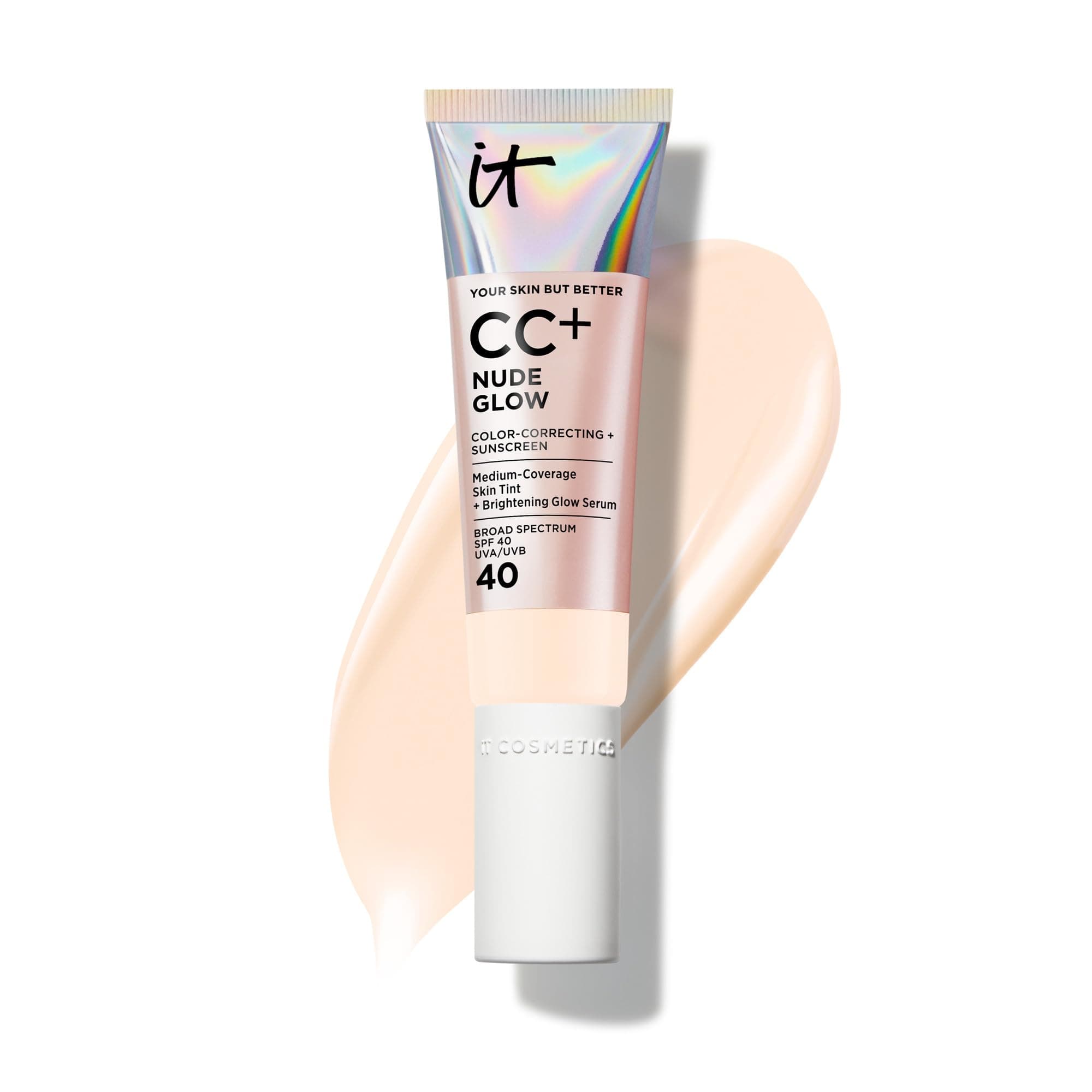 CC+ Nude Glow SPF 40 - Medium Coverage Foundation, 2% Niacinamide + Hyaluronic Acid Brightening Glow Serum, Lightweight Up to 24H Hydration, Normal to Dry & Mature Skin - 1.08 fl oz