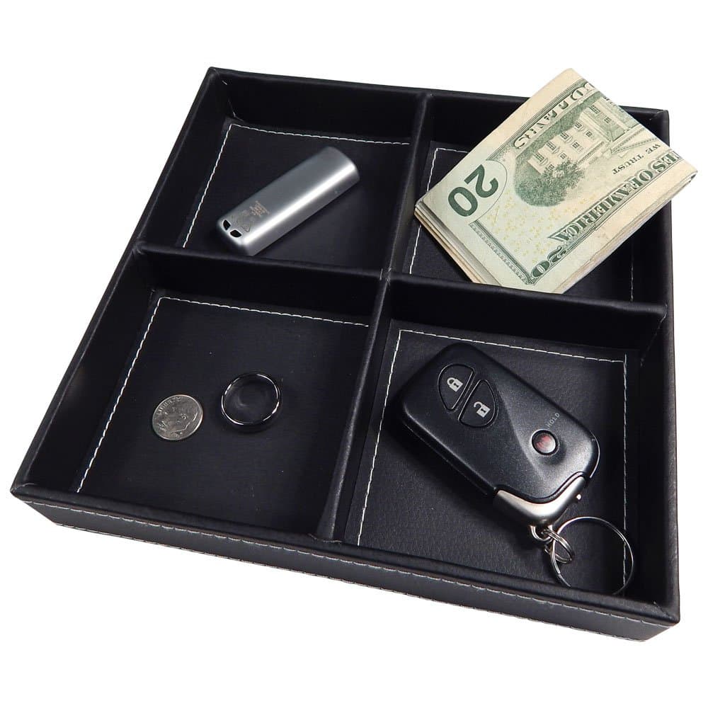 Kalin 4 Compartment Valet Tray and Leatherette Organizer Box for Wallets, Coins, Keys, and Jewelry