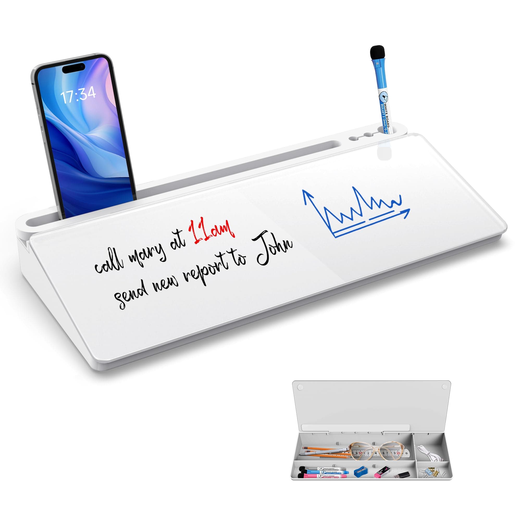 Desktop Whiteboard with Storage, Desk Dry Erase Board for Quick-Note Replace Sticky-Notes, 16” x 7” Reusable Small Glass White Board Organizer for Home Office as to Do List Memo Boards