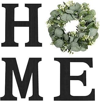 Wood Home Sign with Artificial Eucalyptus Wreath for O, Hanging Farmhouse Wall House Decor - Wood Letters for Art Rustic Home Decor, Wall Decor for Living Room Kitchen Entryway Gift (Black L)