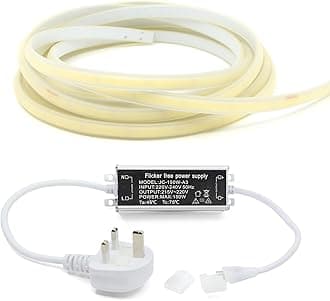 G.W.S® 20M Neutral White 4000K AC 220V-240V Seamless LED COB Strip Light with Flicker Free Power Supply, IP65 Waterproof, Cuttable Every 50CM [Energy Class F]