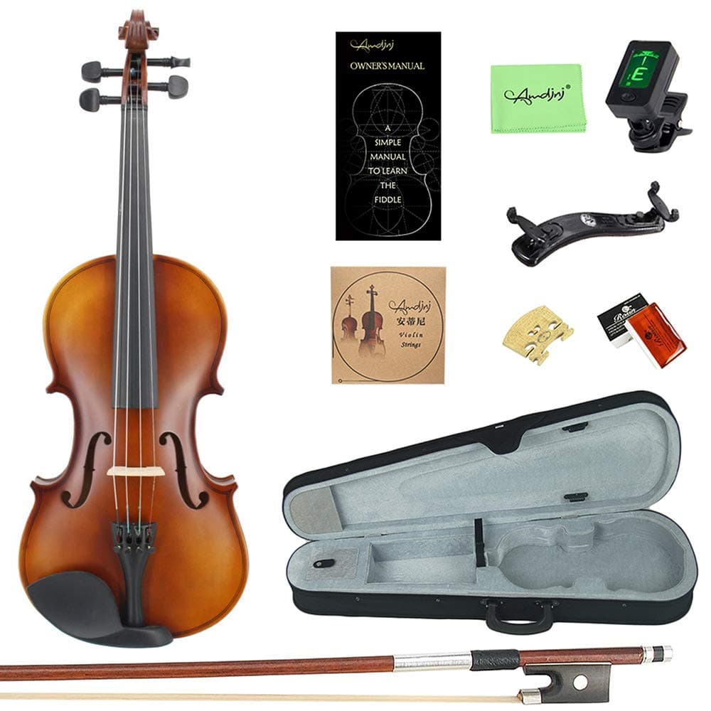 Amdini 4/4 MP0013 Tiger Stripes Solid Wood Student Violin with Hard Case, Shoulder Rest, Bow, Rosin and Extra Strings (Full Size)