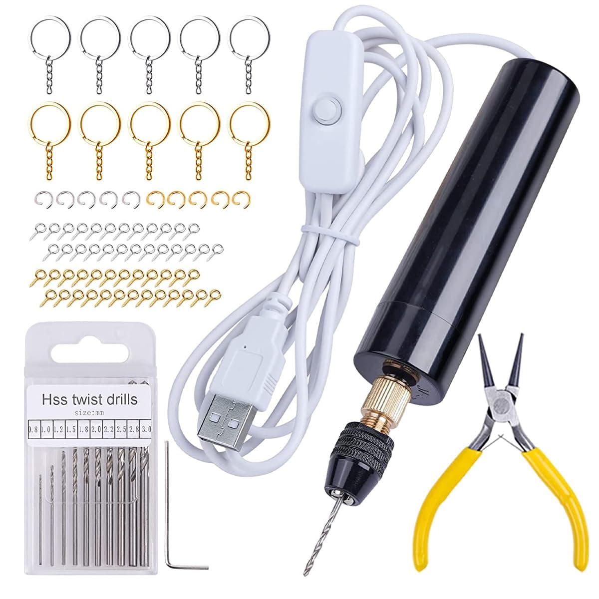 Mini Electric Drill Machine for Resin Craft, USB Electric Drill Kit with Wrench, Box of Drill Bit (0.8-3.0mm), 10pcs Keychain, 50pcs Screw Eyes, for Jewelry Making Tool, DIY Keychain Making