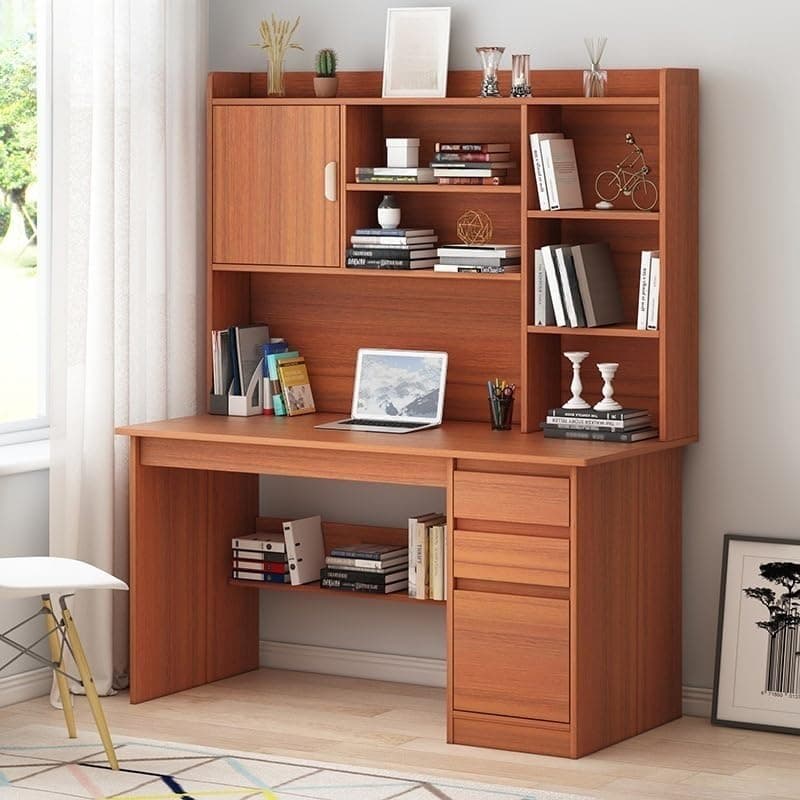 LITFAD Modern Computer Desk Work from Home Desk with Hutch, Bookcase and Integrated Cable Management, Rectangular Wood Office Desk 3 Drawers, 47.2" L x 17.7" W x 64.2" H, Brown