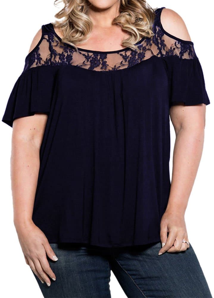 PINUPART Women's Short Sleeve Cold Shoulder Pull on Plus Size Lace Knit Top