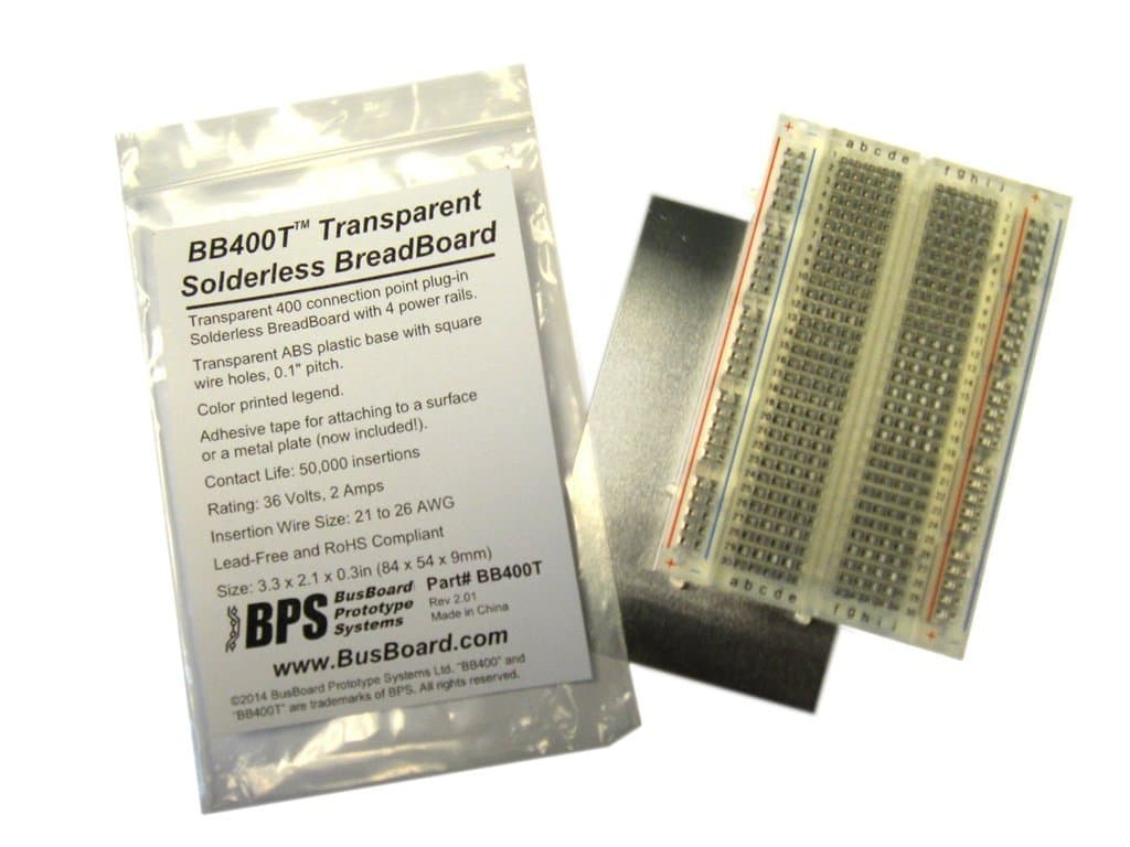 BB400T Transparent Solderless Plug-in BreadBoard, 400 tie-Points, 4 Power Rails, with Metal Backing Plate, 3.3 x 2.2 x 0.3in (84 x 55 x 9mm)