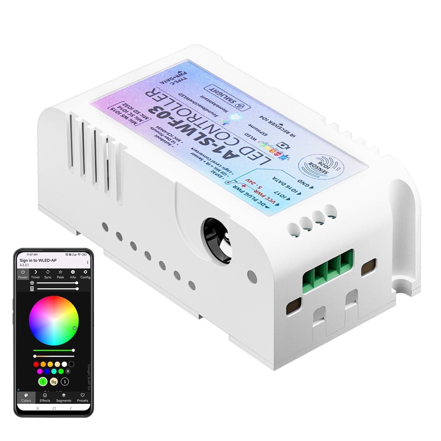 SMLIGHT Smart Wifi LED Strip Controller A1-SLWF-03 Powered by WLED Support Home Assistant, Digital Microphone, Internal Wi-Fi, IR receiver and Sensor Button built-in, for WS2811 WS2812B.etc LEDs