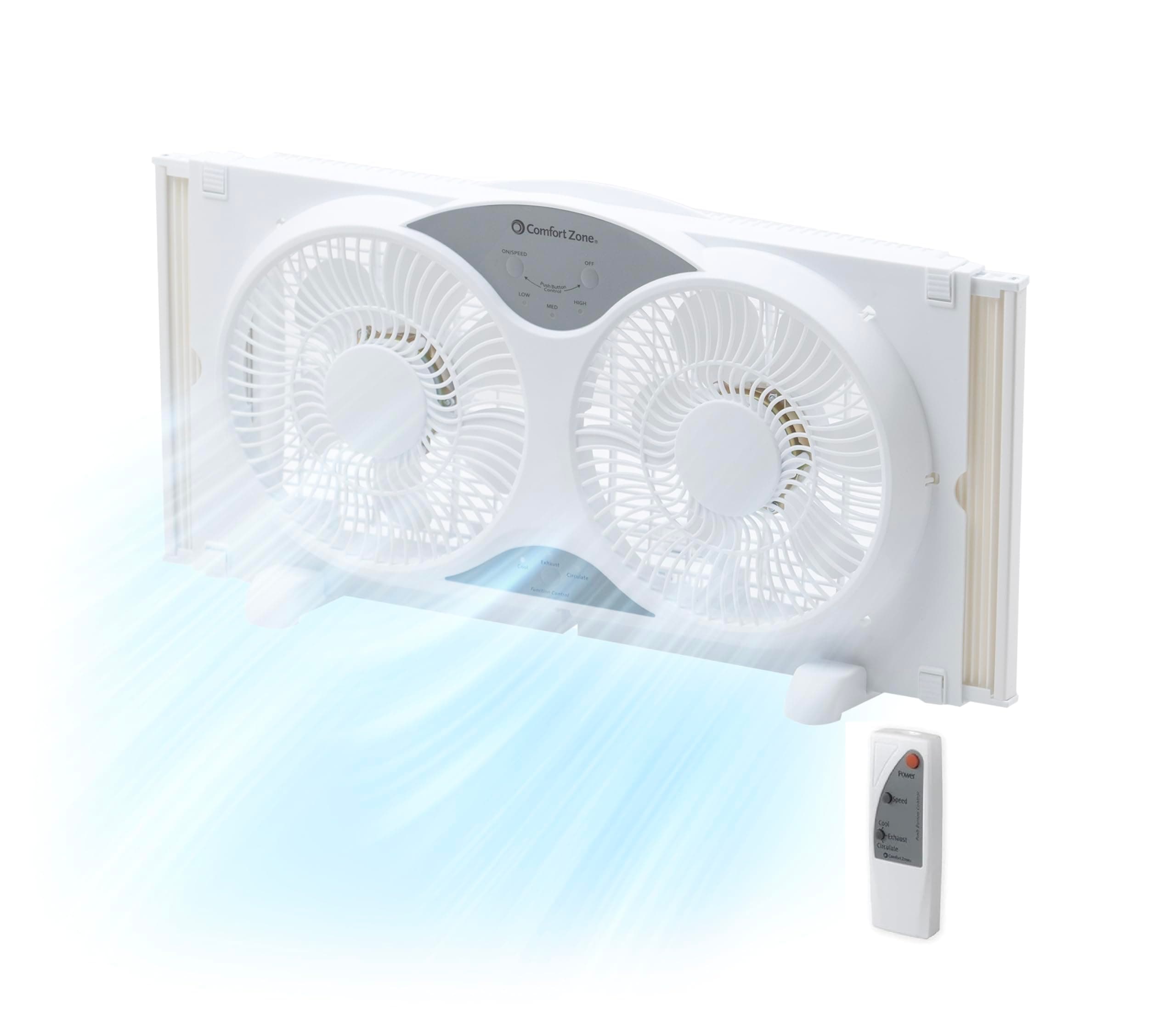 Comfort Zone Twin Window Fan with Remote Control, Removable Cover, Reversible, 9 inch, 3 Speed, 3 Function, Expandable, Exhaust, Airflow 8.40 ft/sec, Ideal for Home, Kitchen, Bedroom & Office, CZ310R