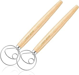 Pack of 2 Danish Dough Whisk, Kitchen Baking Flour Mixing Tool for Sourdough, Bread, Flour Paste, Butter, Pancake, Pizza, Cake, Pastry, Biscuits, Wooden Handle Stainless Steel Ring