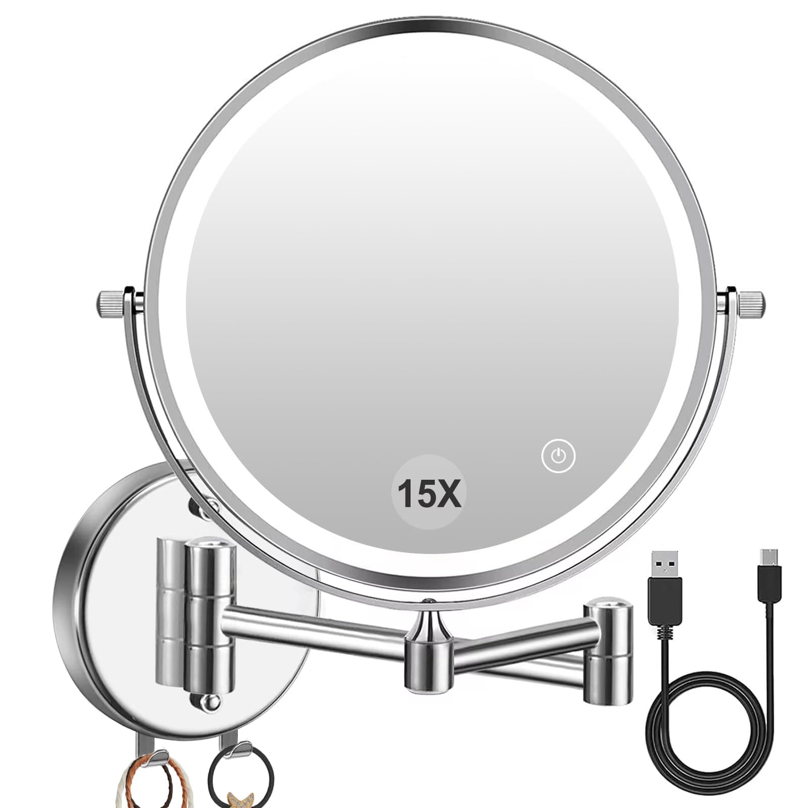 1×/15× Wall Mounted LED Makeup Mirror Magnifying Makeup Mirror 3500 mAh Rechargeable, Touch Dimmable 3 Color Lights, 8” Double Sided 360° Rotation, Ideal for Hotel and Bathroom