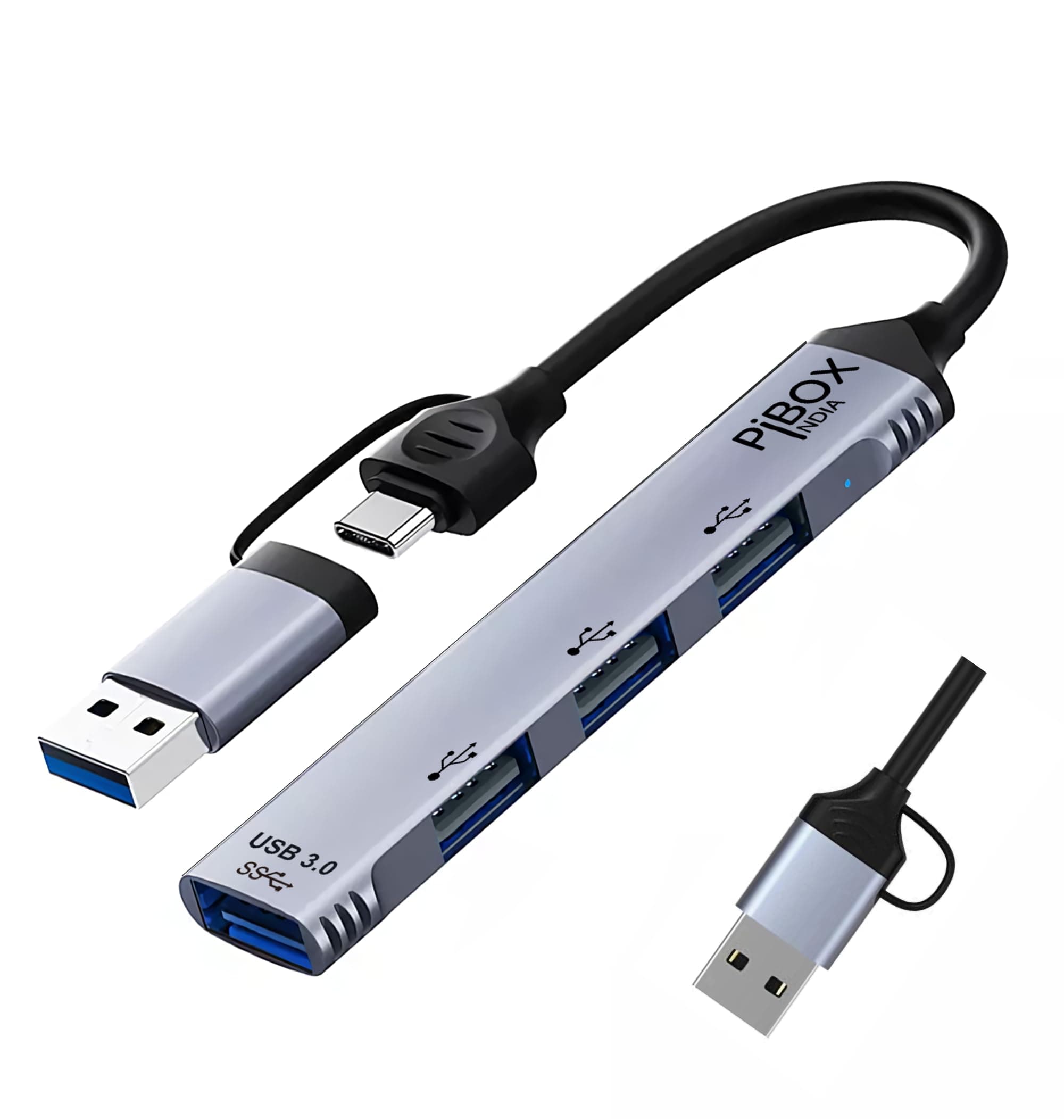 USB C Hub multiport, PiBOX India USB C and 3.0 to USB Adapter Multiport, USB C and USB 3.0 to USB A 4 Port Hub, USB-C to USB Hub 3.0, USB Hub 2.0, for MacBook Pro, USB Splitter Aluminum, Color Gray