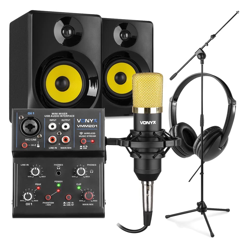 VONYXCM400B Complete Home Recording Studio Kit with Studio Recording Microphone, 4" Active Monitors, USB Mixer, Headphones and Boom Arm Stand - Home Studio Kits for Music Production
