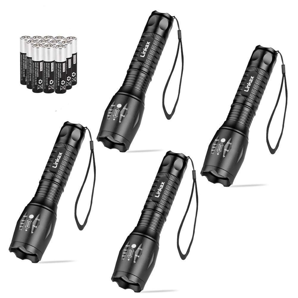 Linkax LED Torch Flashlight 4 Pack Super Bright Handheld Flashlights 5 Modes Pocket Torch for Camping,Hiking and Outdoor(12 x AAA Batteries Included)