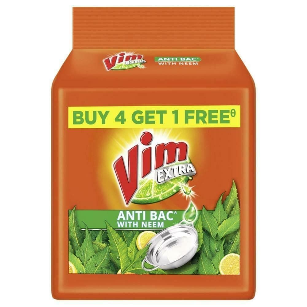 Vim Extra Anti Bac With Neem Dishwash Bar - 200g (Pack of 5)