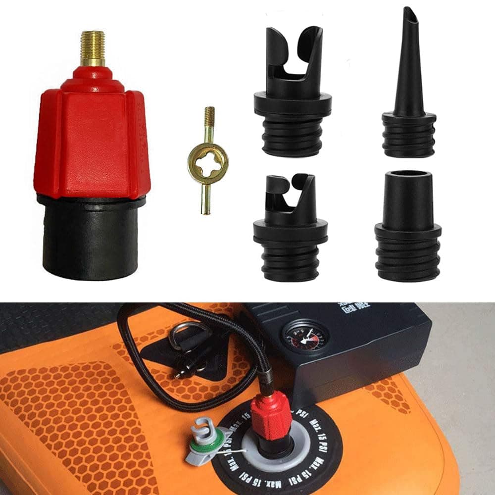 Inflatable SUP Pump Adaptor Compressor Paddle Board Pump Adapter, Multifunction SUP Valve Adapter with 4 Air Valve Nozzles for Inflatable Boat, Stand Up Paddle Board, Inflatable Bed, Dinghy