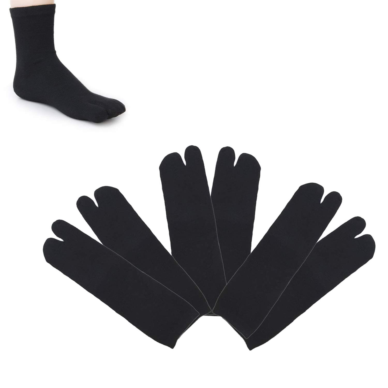 3 Pairs Japan Tabi Socks, Split 2 Toe Sandals Ninja Slipper Japanese Kimono Cotton Black