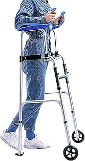 Upright Walker Rollator Stand Up Double Folding Rollator Walker Height Adjustable Rolling Mobility Walking Aid Stand Up Folding Heavy Duty for Seniors and Adults Elderly Handicap