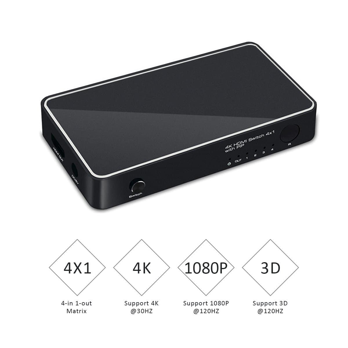 HDMI Switcher, HEJSANG Ultra 4 x 1 HDMI Switch Selector Splitter 4K x 2K Four Inputs To One Output with PIP and IR Remote, HDMI Switcher Hub Port Switches